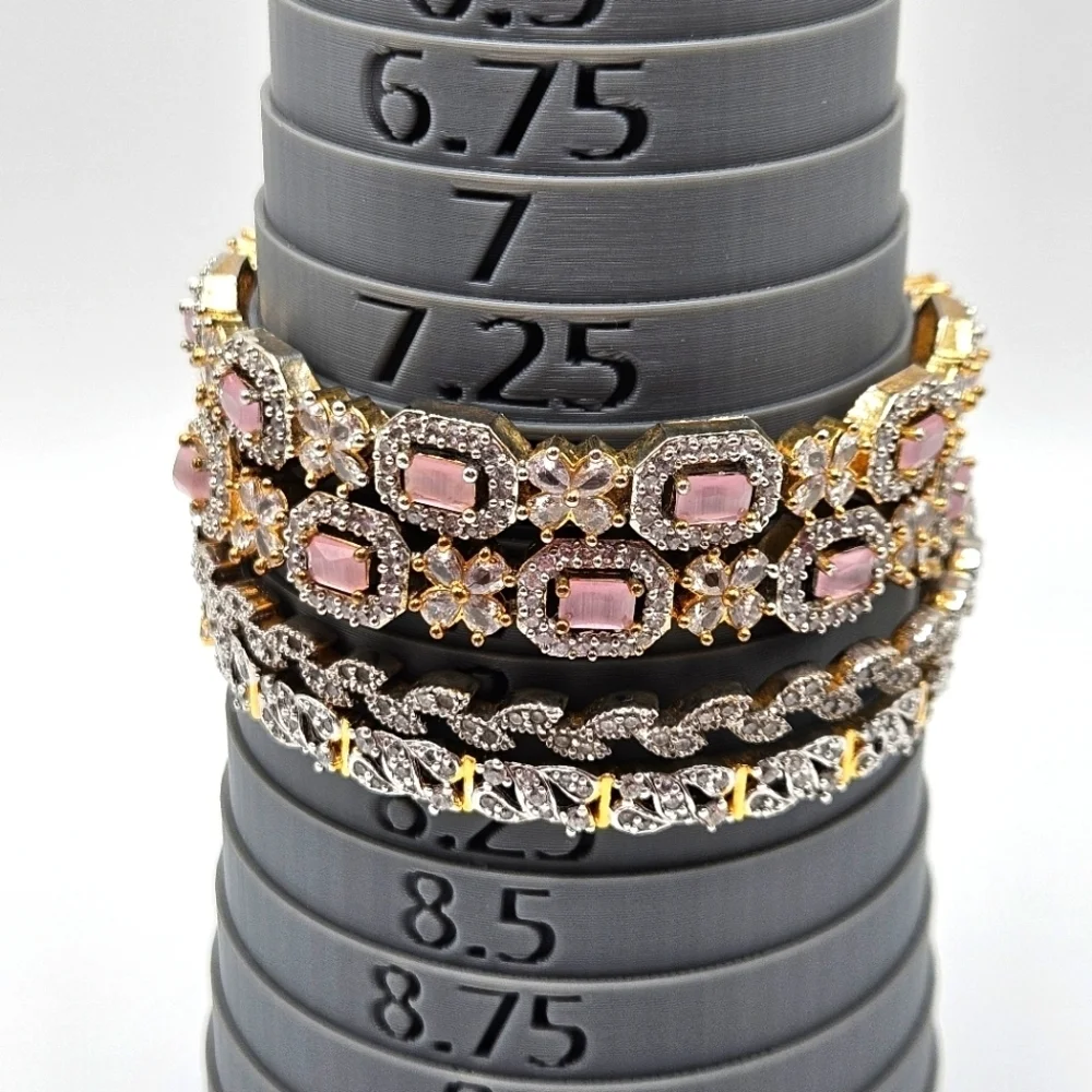 Pastel Pink and White Rhinestone Gold Tone Bangle Bracelet Set of 4 - Picture 4 of 5